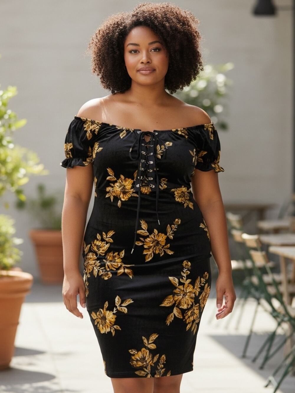 FOREVER 21 PLUS Women’s 0X Black Velvet Floral Mini Dress with lace-up corset